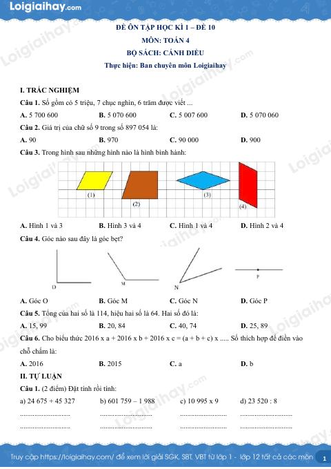 Đề kiểm tra học kì 1 Toán 4 Cánh diều - Đề số 10